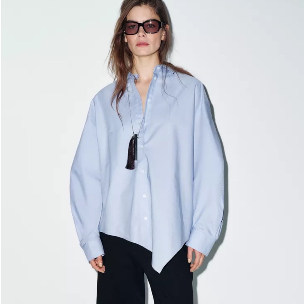 NWT Zara Light Blue Asymmetric Oxford Shirt Pleated Long Sleeve Blouse Womens S